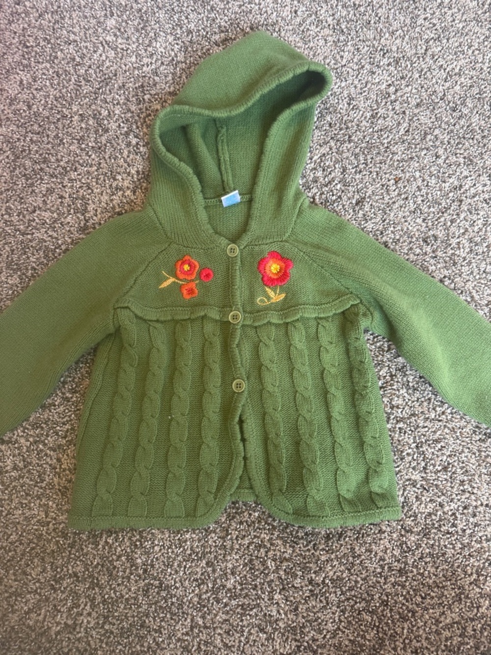 Vintage Kids Play Girl Green Hooded Knit Cable Jacket with Floral Embroidery 5
